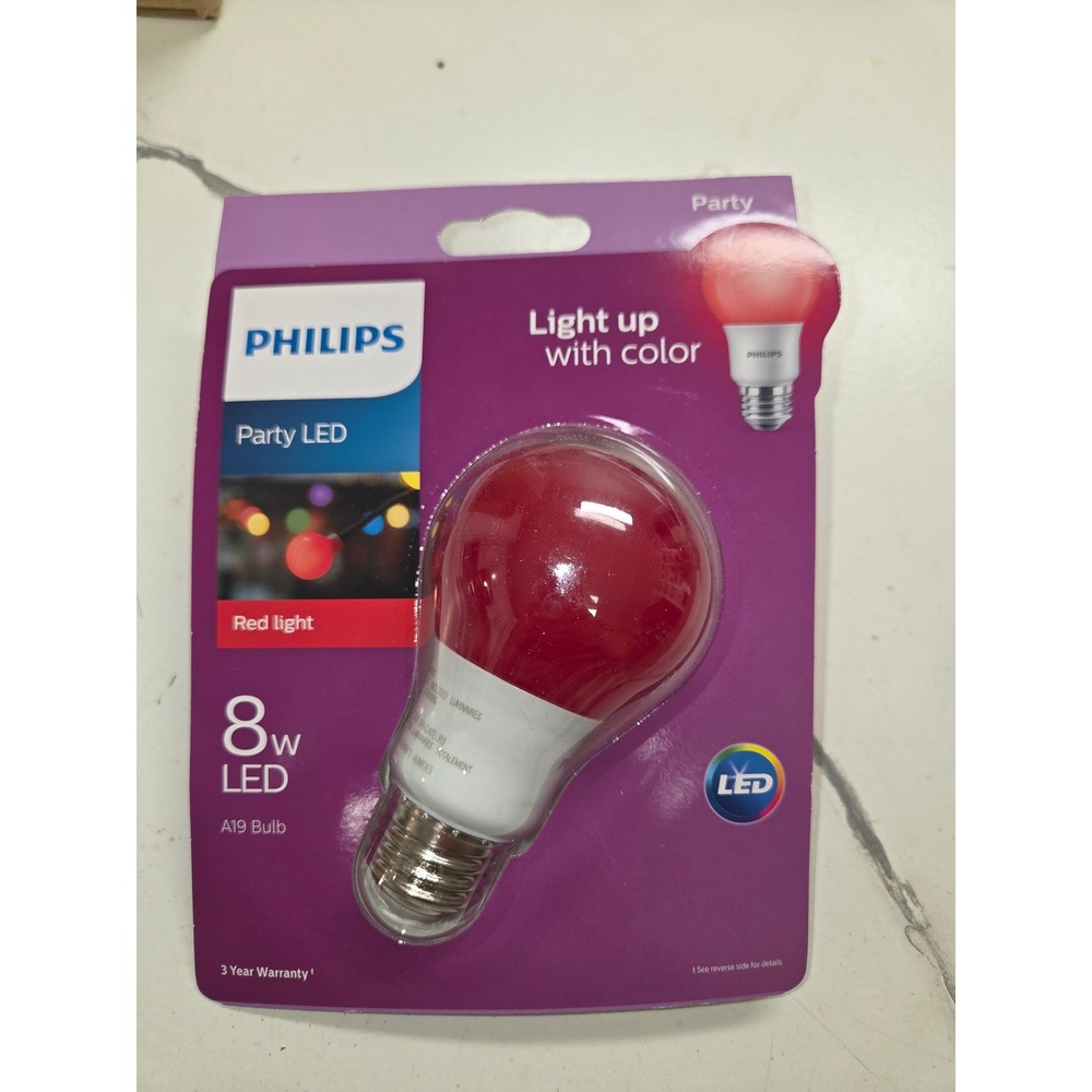 Philips Party LED Red Light Bulb 8W A19 E26 Base Non-Dimmable 60W Equivalent